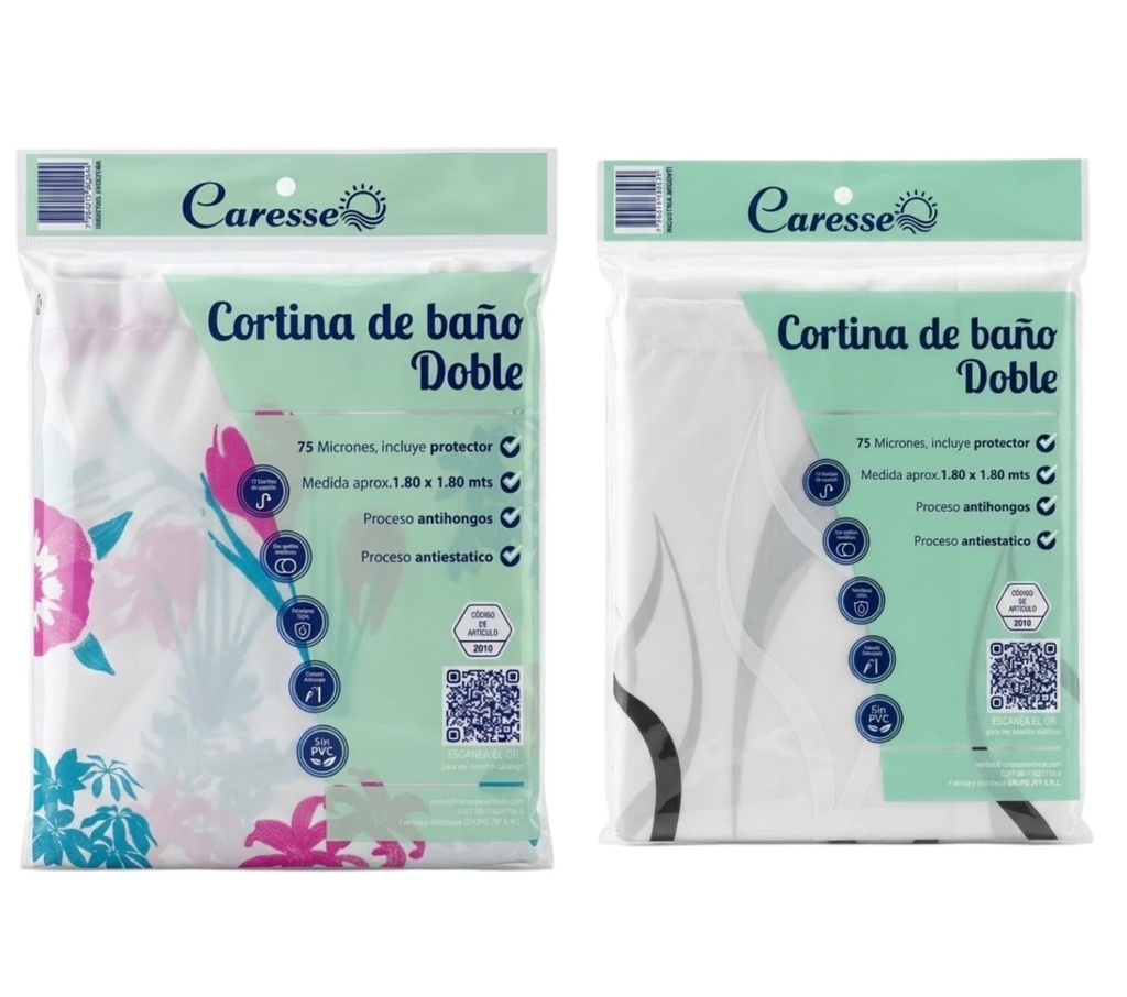 CORTINA DE BAÑO DOBLE CON GANCOS PROTECTOR Y ESTAMPAS 75 MICRONES 1.8X1.8 MTWS ART 2010