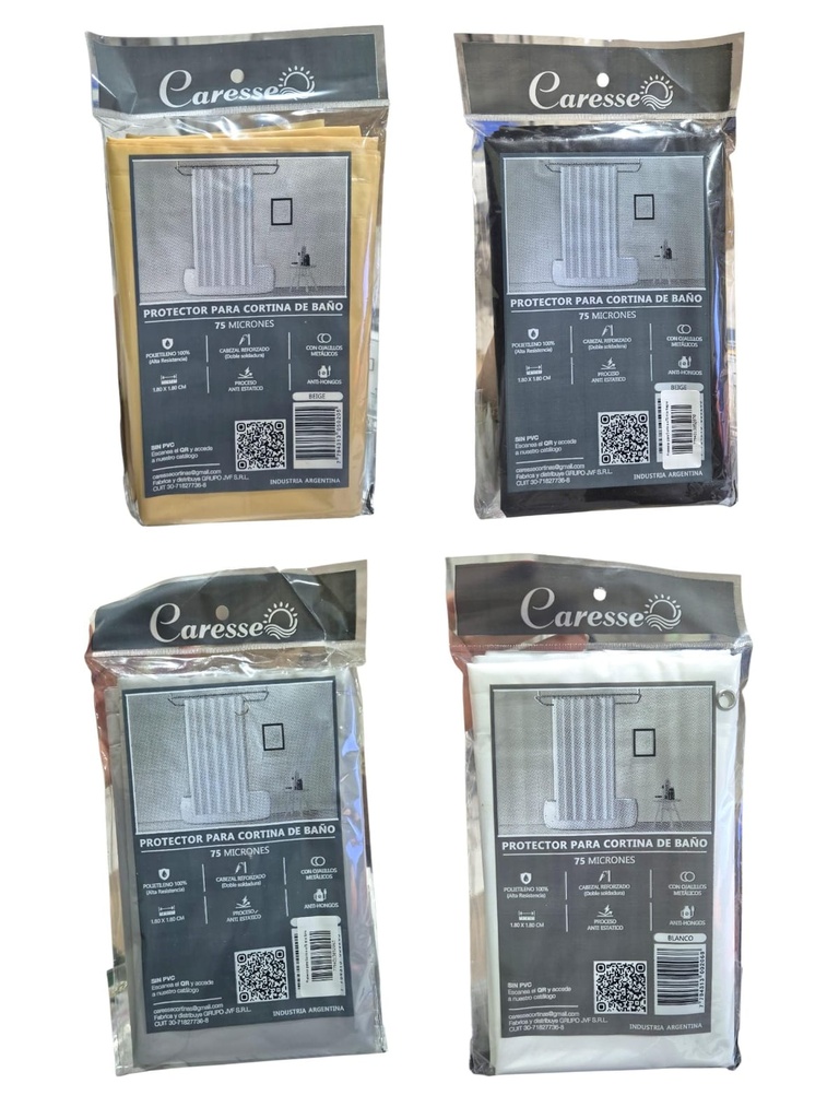 PROTECTOR PARA CORTINA DE BAÑO BLANCO NEGRO BEIGE Y GRIS 1.8X1.8 MTS C/ OJALILLOS METALICOS CARESSE