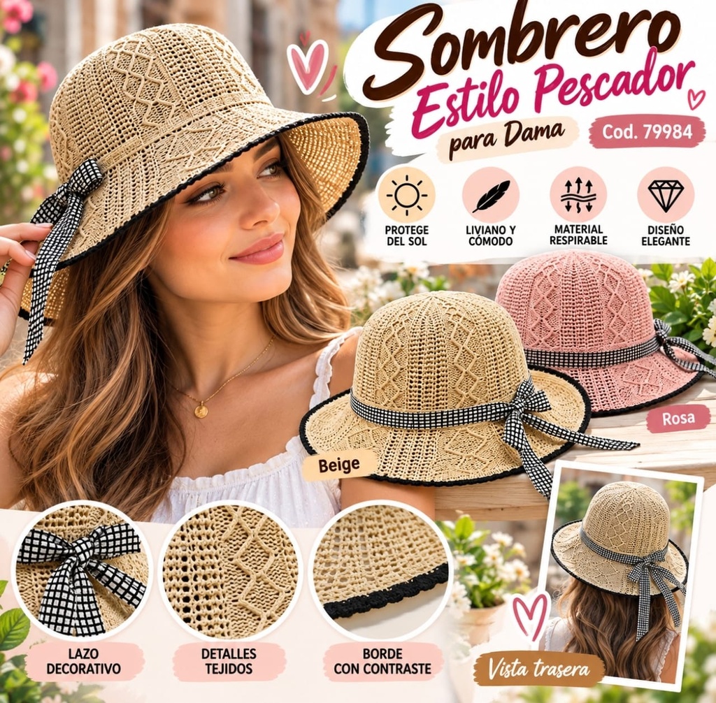 SOMBRERO DAMA ESTILO PESCADOR TIPO TEJIDO CROCHET CON CINTA 79984