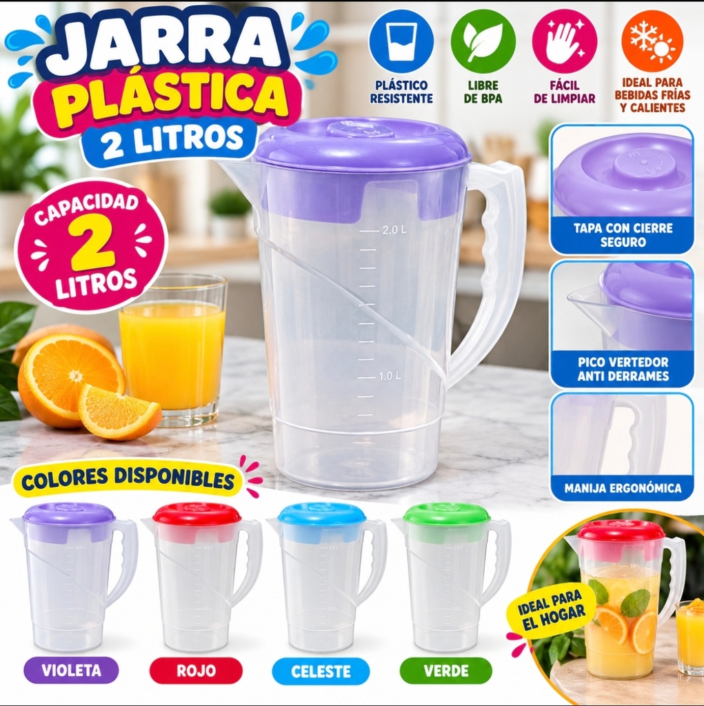 JARRA 2 LTS TRANSPARENTE TAPA COLOR PLASTICO DA230