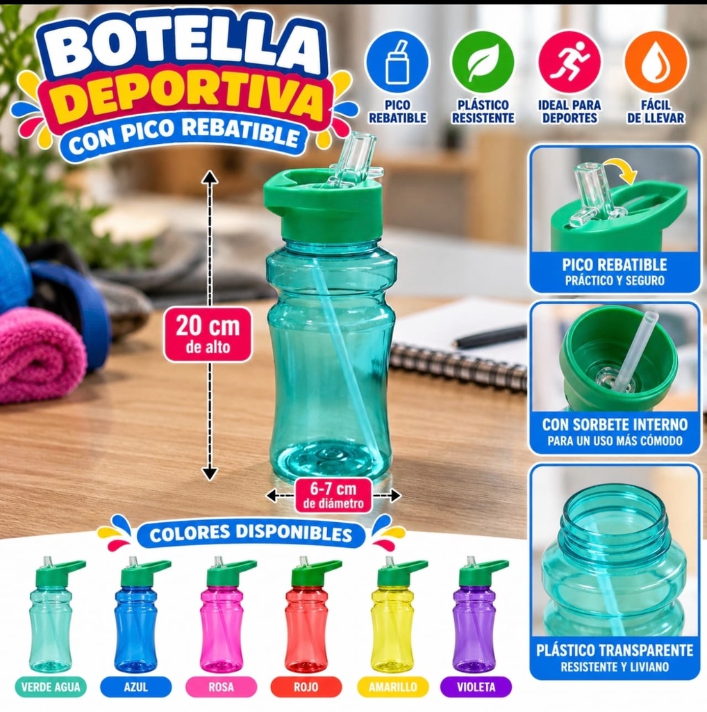 BOTELLA DEPORTIVA COLOR TRANSPARENTE CON PICO RABATIBLE DA221
