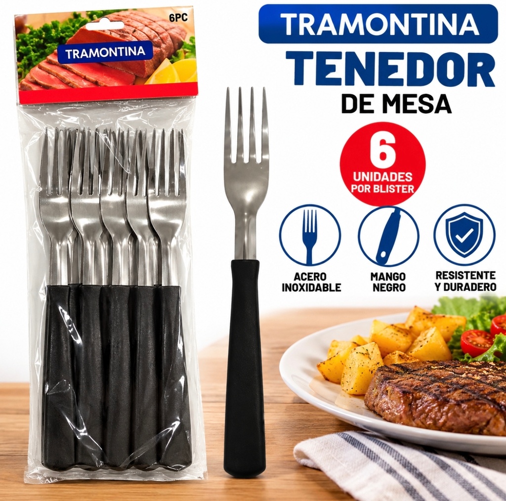 TENEDOR TIPO TRAMONTINA MANGO PLASTICO NEGRO X 6 EN BOLSA AR1009
