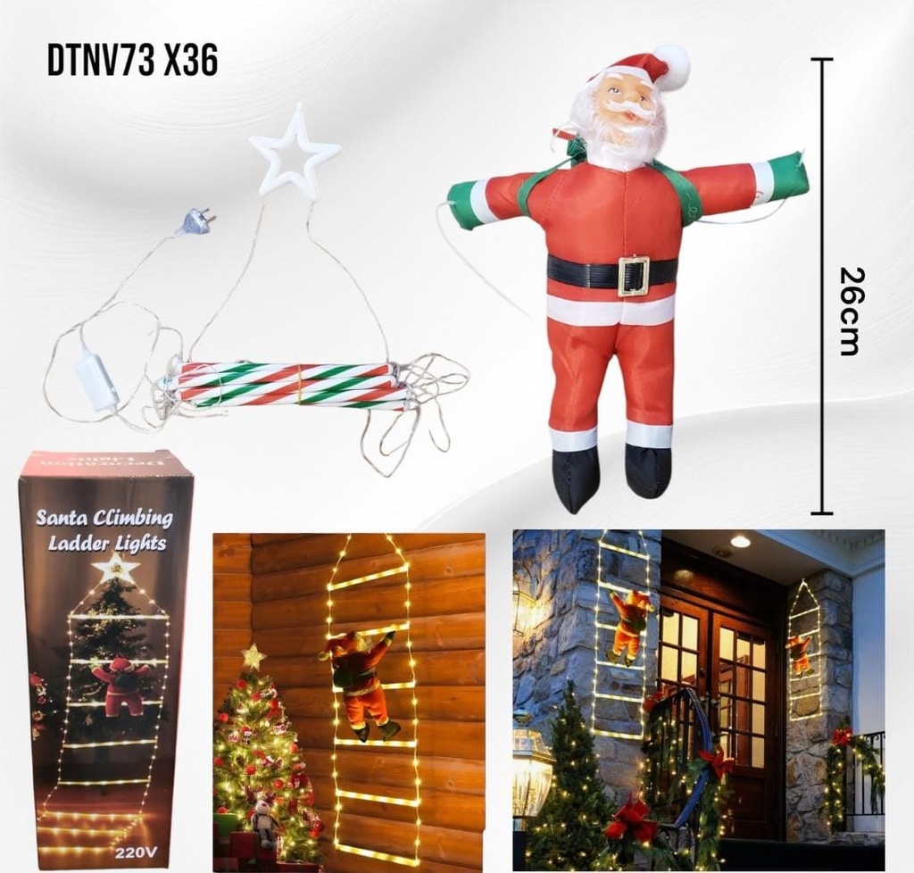 LUZ CALIDA FORMA ESCALERA 2 MTRS C/ PAPA NOEL DE 26CM 8 FUNCIONES EN CAJA DT-NV73