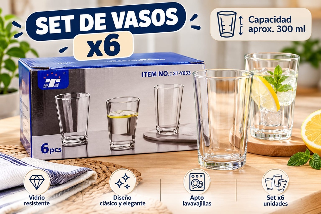 SET DE VASOS DE VIDRIO LISOS X6 EN CAJA XT-Y031