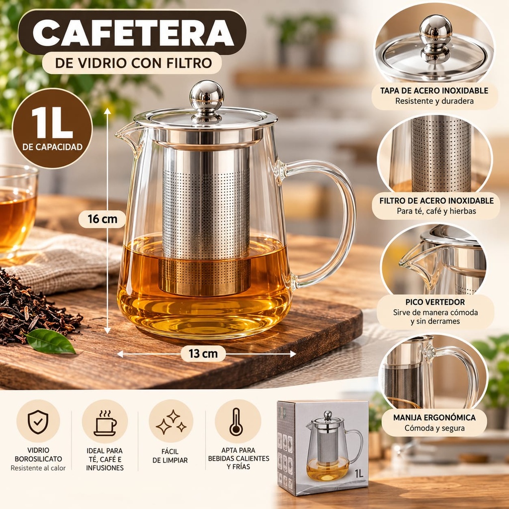 TETERA DE VIDRIO CON FILTRO 950ML EN CAJA C-95 HW76454