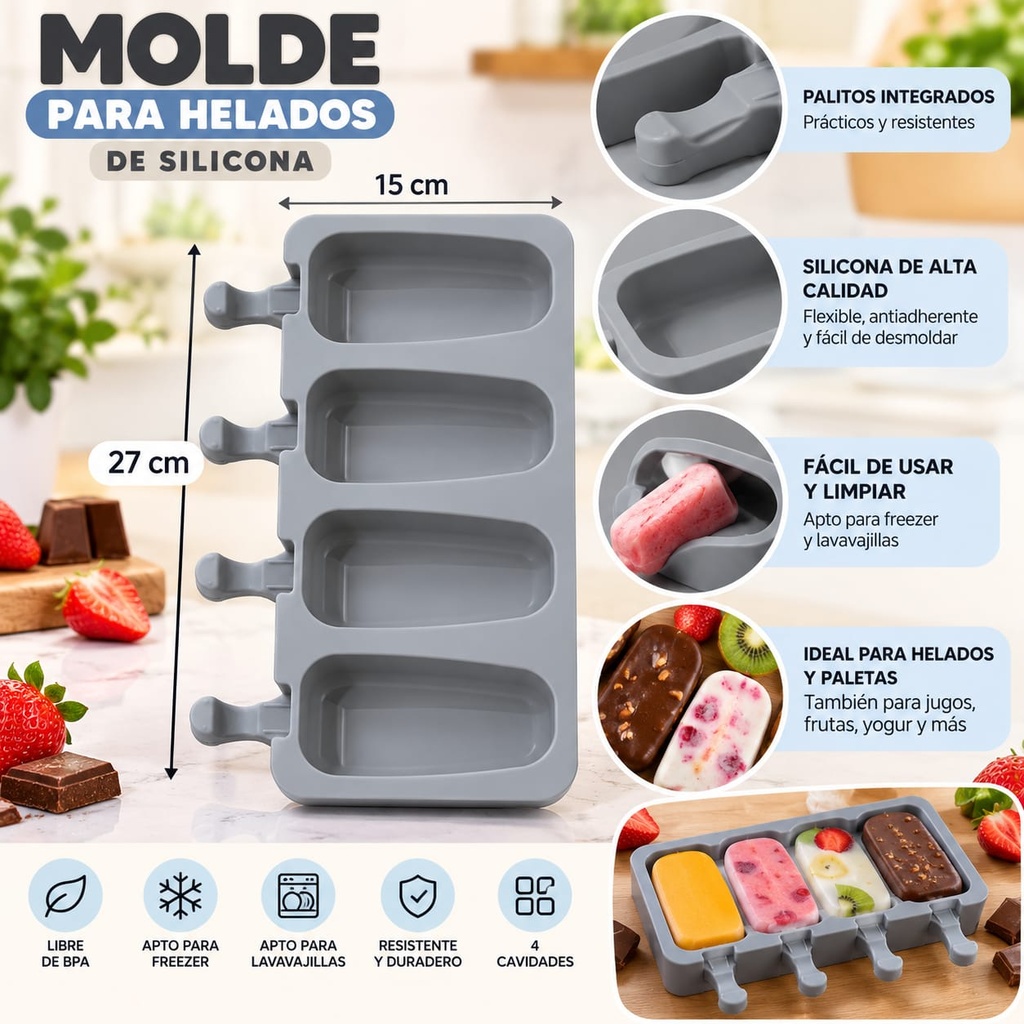 MOLDE DE SILICONA PARA HELADO X4 COLORES VARIOS 27X15CM KC59481