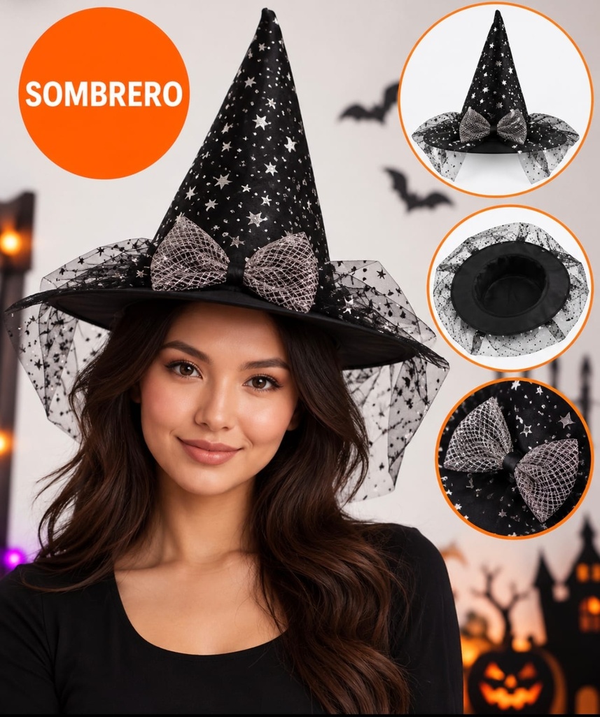 SOMBRERO DE BRUJA MOÑO Y TUL CON LENTEJUELAS