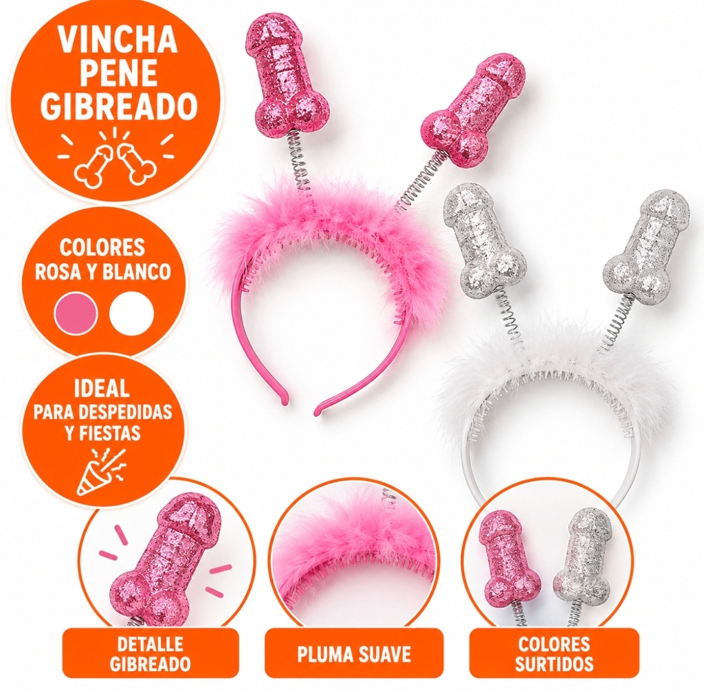 VINCHA PENE GIBRADO CON PLUMA ROSA / BLANCO