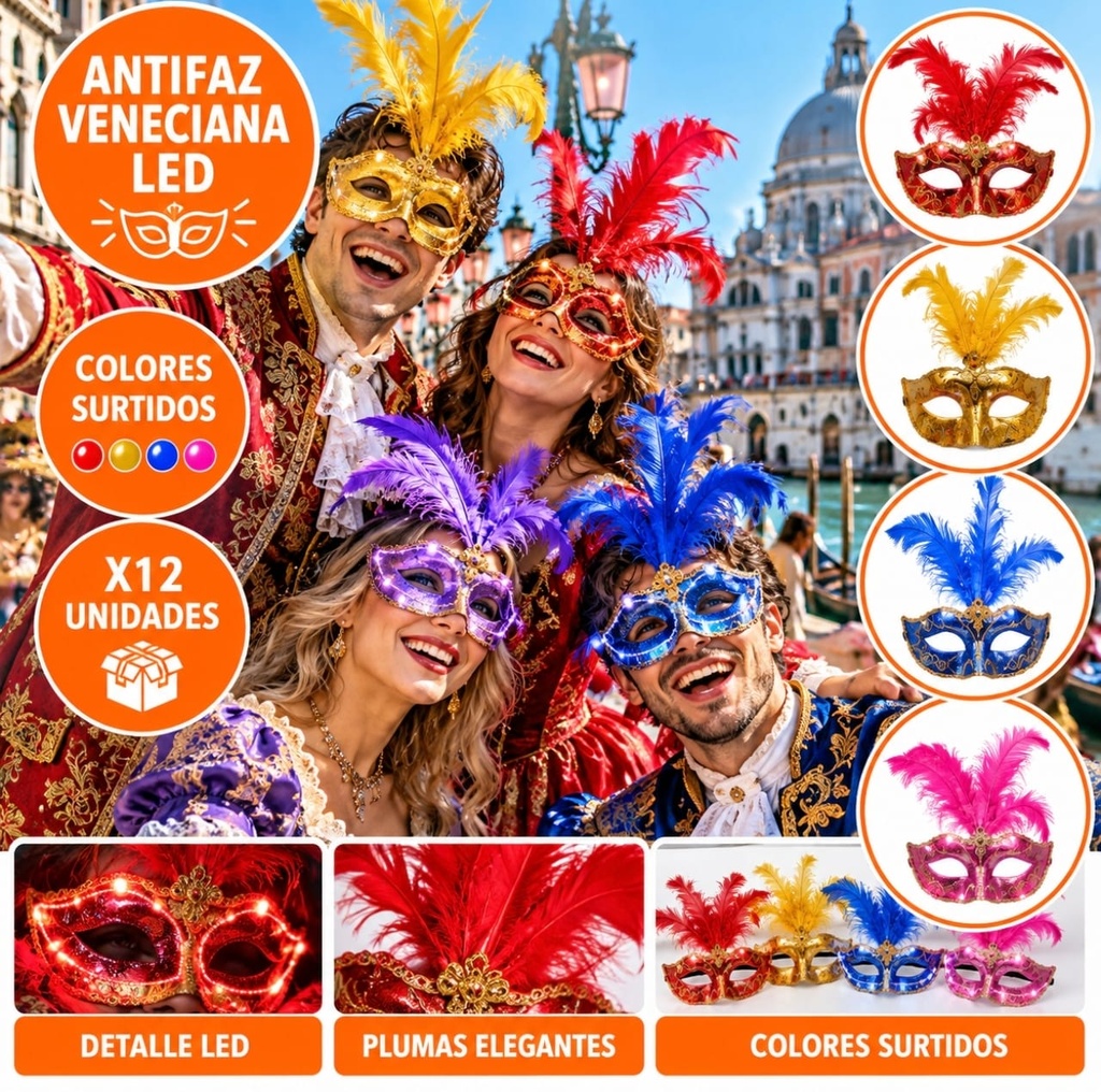 ANTIFAZ VENECIANA METALIZADA CON LED Y PLUMA YJ0719