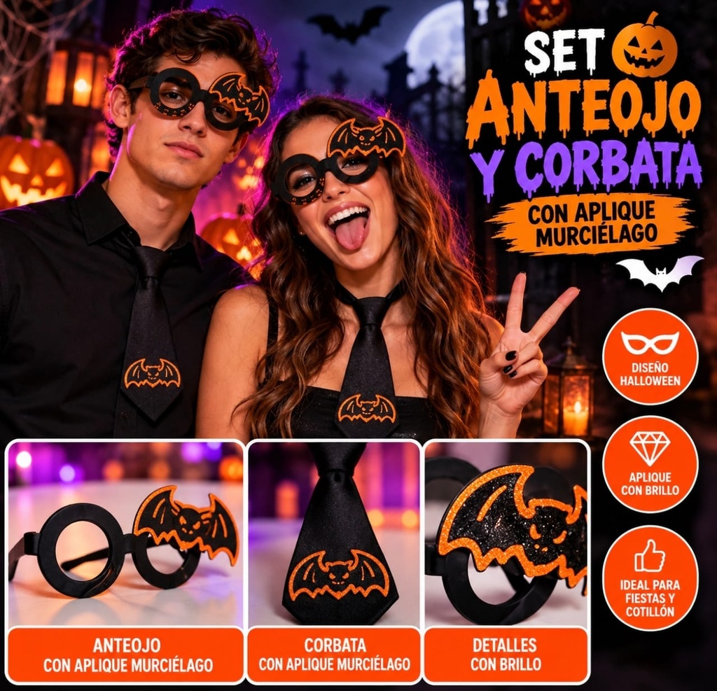 SET X 2 ANTEOJO Y CORBATA MURCIELAGO BRILLO