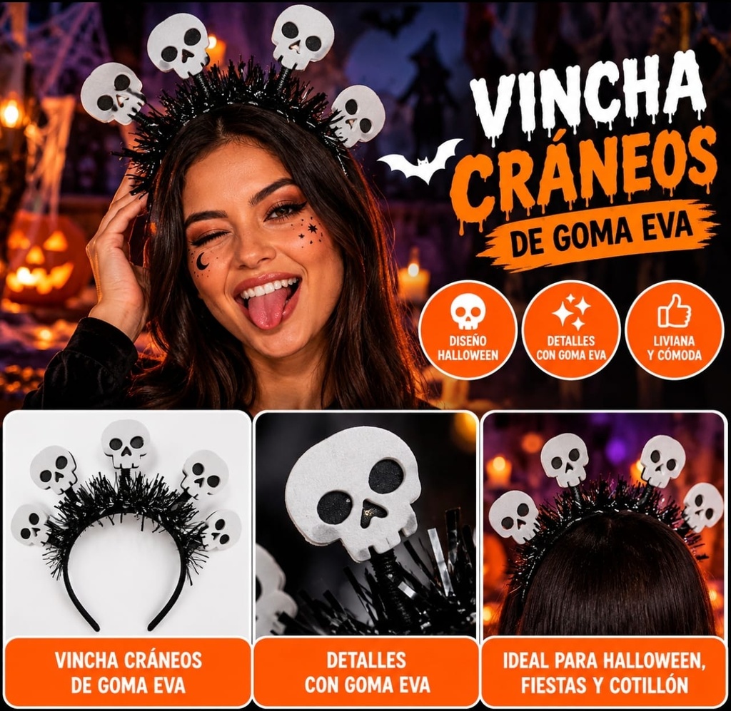 VINCHA HALLOWEEN CRANEOS DE GOMA EVA COLORES 1911-3
