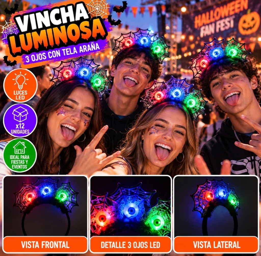 VINCHA LUMINOSA 3 OJOS HALLOWEEN CON TELA ARAÑA 10385