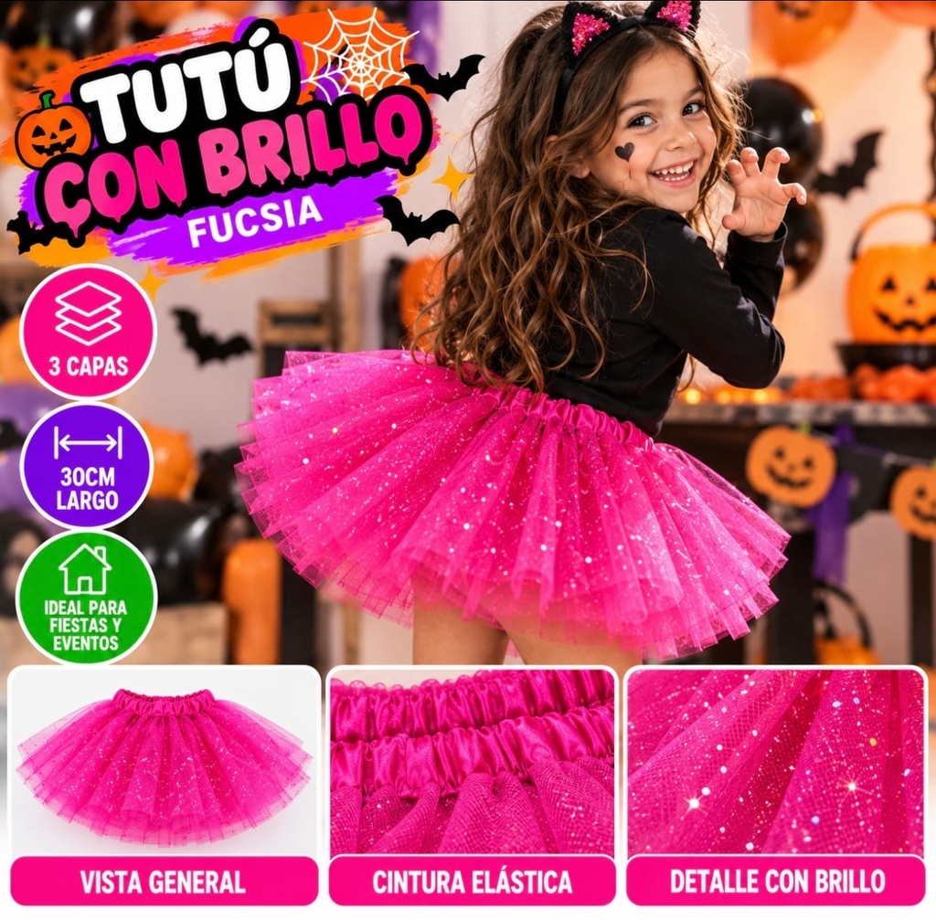 TUTU CON BRILLO 3 CAPAS 30 CM FUCSIA YJ0365