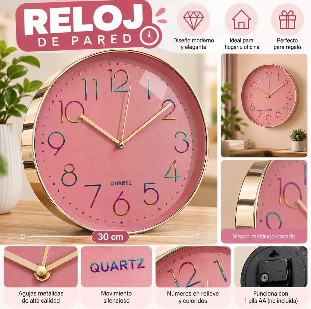RELOJ DE PARED MARCO DORADO NUMEROS MULTICOLOR FONDO CON BRILLOS 30CM EN CAJA HW114216