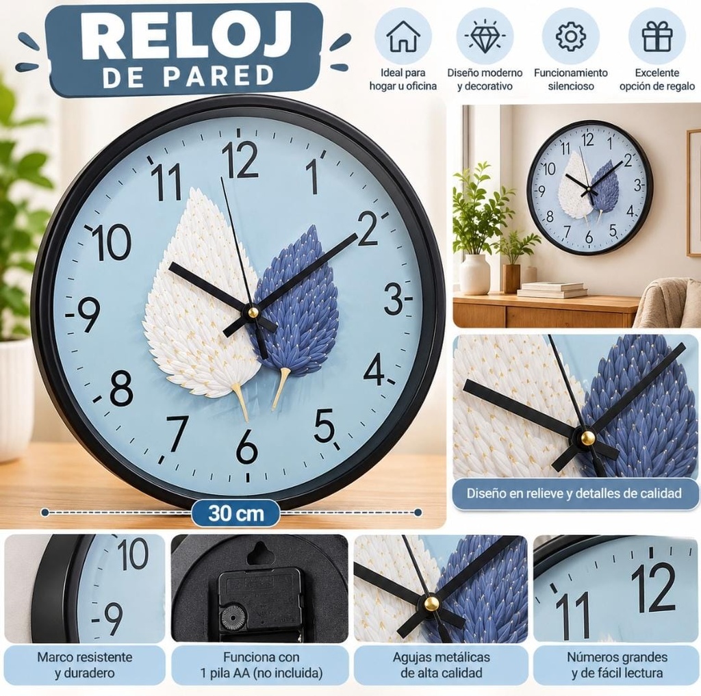 RELOJ DE PARED 30CM MARCO COLOR ONDO C/ 2 HOJAS WQ14223