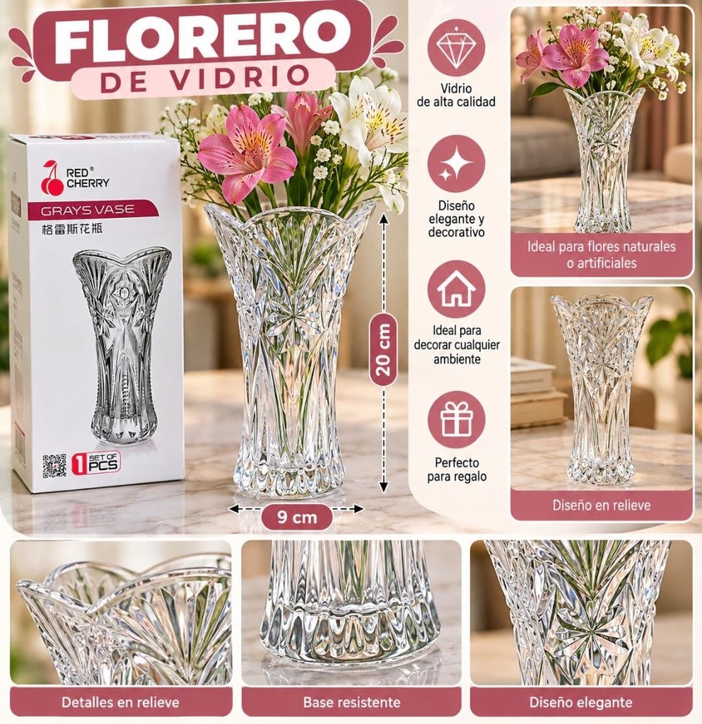 FLORERO DE VIDRIO LABRADO 9X20CM HW71842