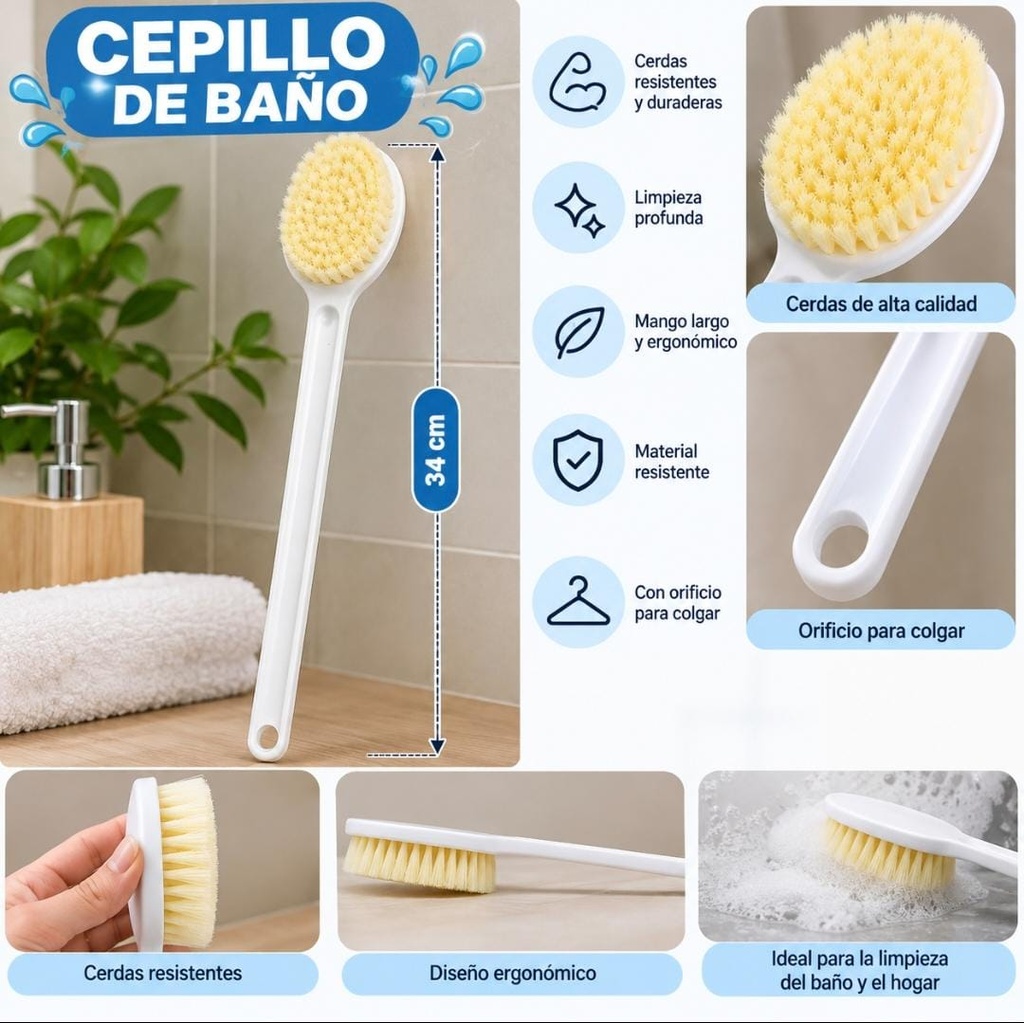 CEPILLO DE ESPALDA MANGO PLASTICO CERDAS SUAVES 34CM HW71822