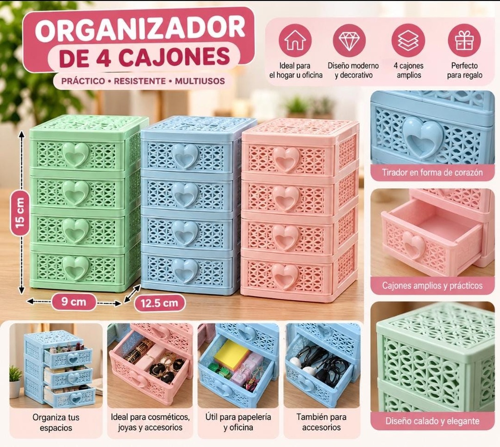 ORGANIZADOR CAJONERA CHICO X4 15XX12.5CM COLORES PASTEL HW62159