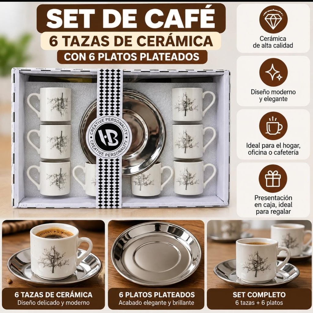 SET DE CAFE DE 6 TAZA DE CERAMICA CON 6 PLATOS DE VIDRIO PLATEADOS 80ML HW73826