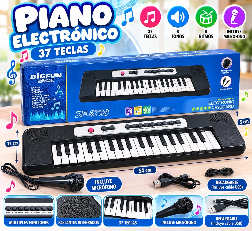 PIANO RECARGABLE CON MICROFONO DE 37 TECLAS EN CAJA BIGFUN