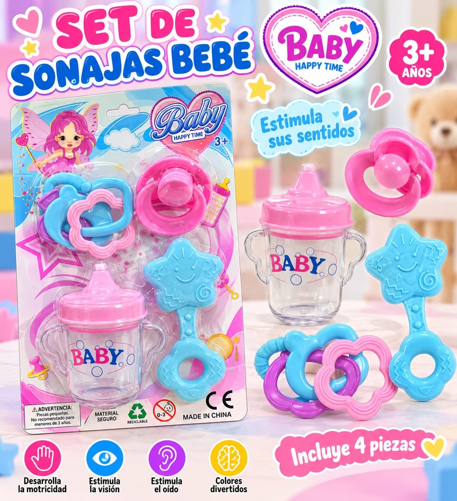 MAMADERA DE JUGUETE CON SONAJERO Y ACCESORIOS EN BLISTER BABY