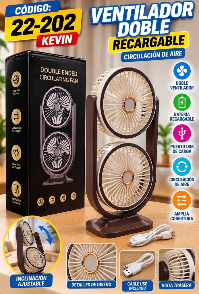 VENTILADOR DOBLE RECARGABLE 30 CM EN CAJA 22-202