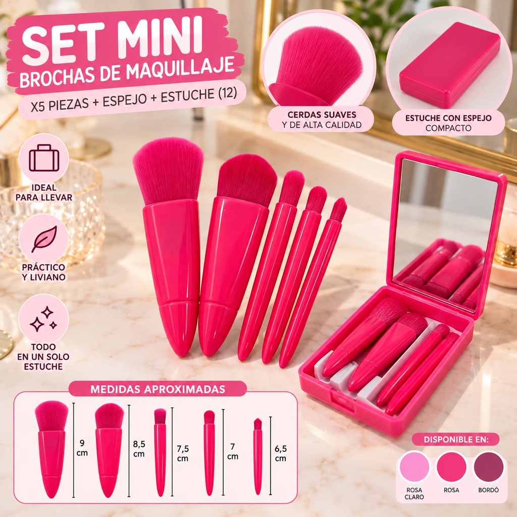 SET DE BROCHAS X5 EN ESTUCHE COMPACTO 11CM CON ESPEJO RJ3524