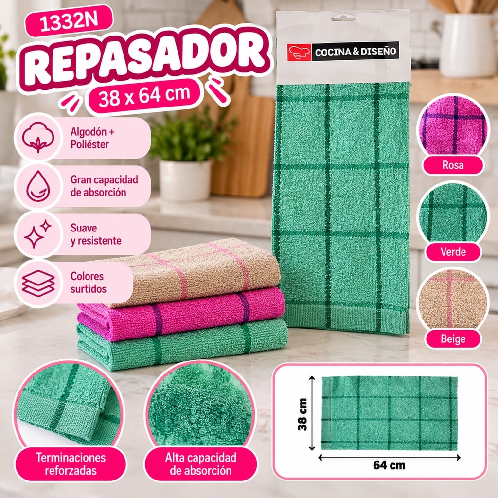 REPASADOR DE COCINA Y DISEÑO CUADROS GRANDES YY2956 38X64CM