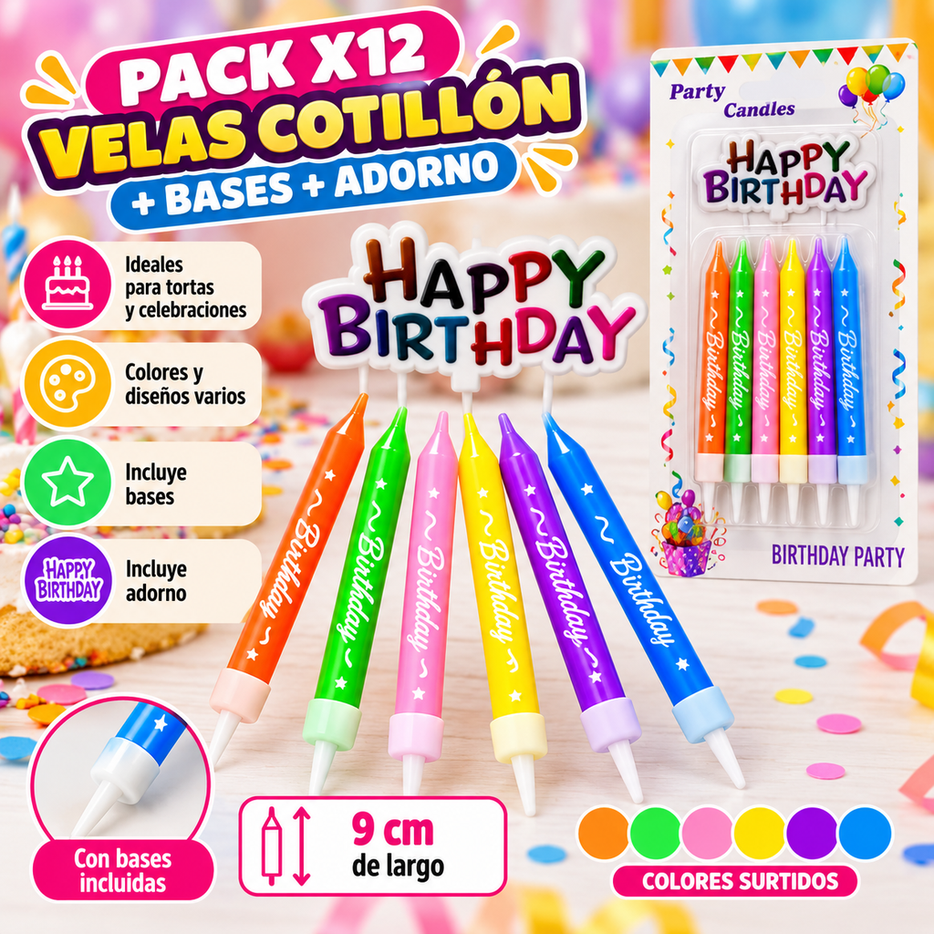PACK X12 VELAS DE CUMPLEAÑOS + CARTELITO HAPPY BIRTHDAY