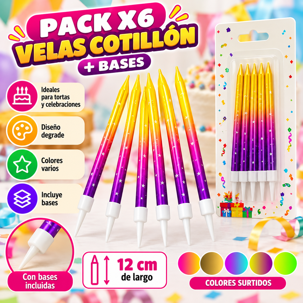 PACK X6 VELAS BICOLOR CON MANCHITAS METALIZADAS + BASES