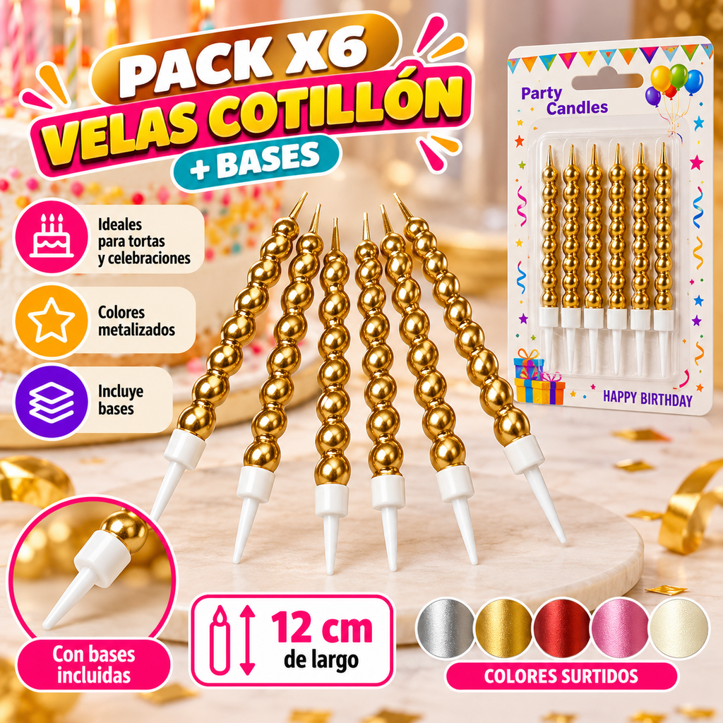 PACK X6 VELAS ESPIRAL GRUESAS + BASES COLOR METALIZADA