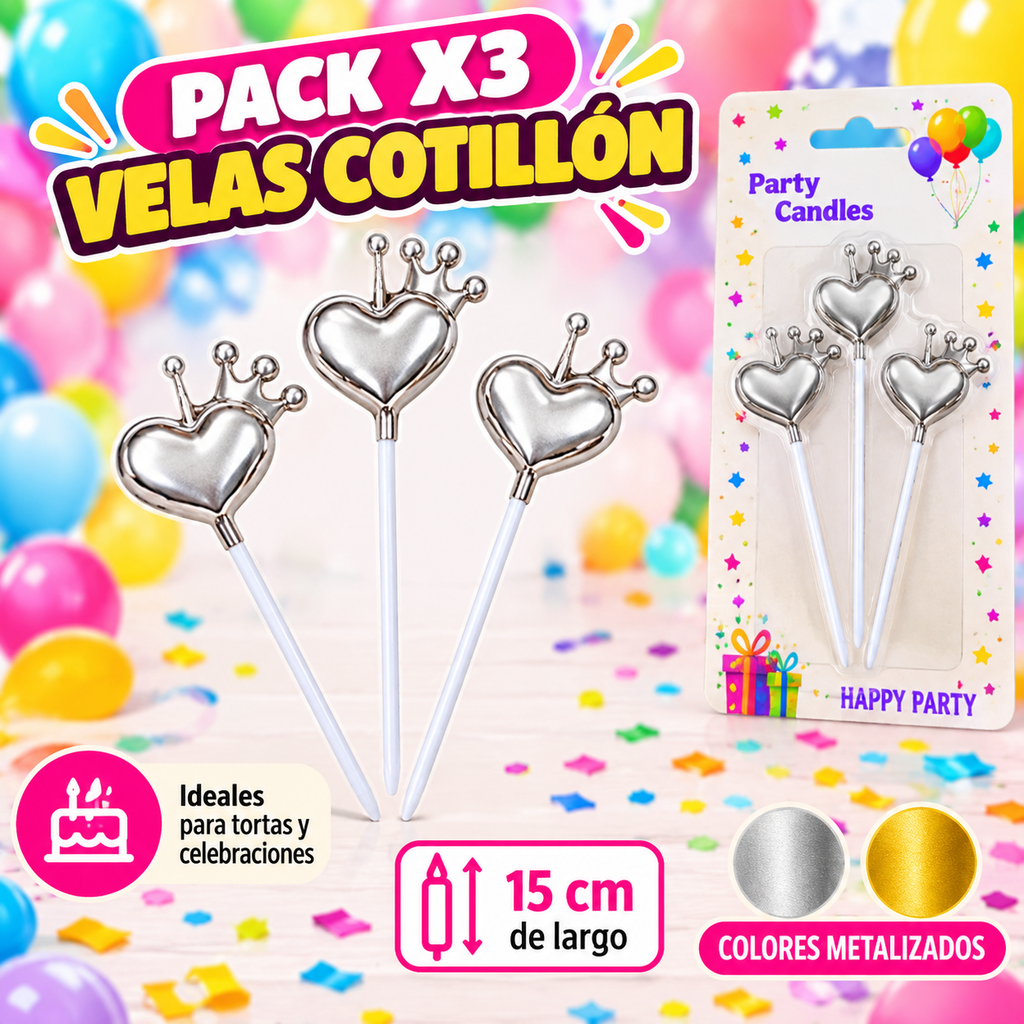 PACK X3 VELAS METALIZADAS CORAZON C/ CORONA