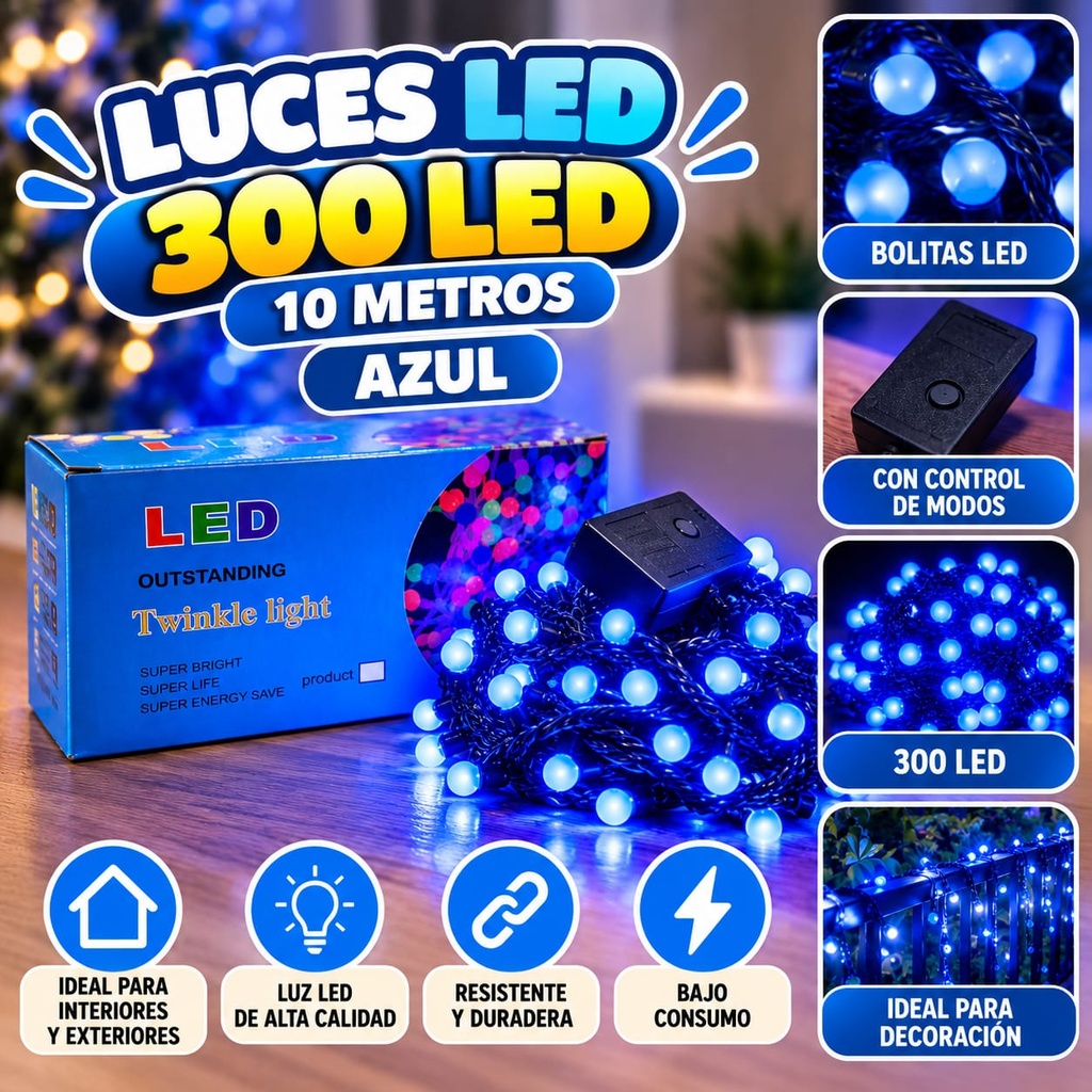 LUZ BOLITA 300 LED FRIA Y AZUL 10MTS