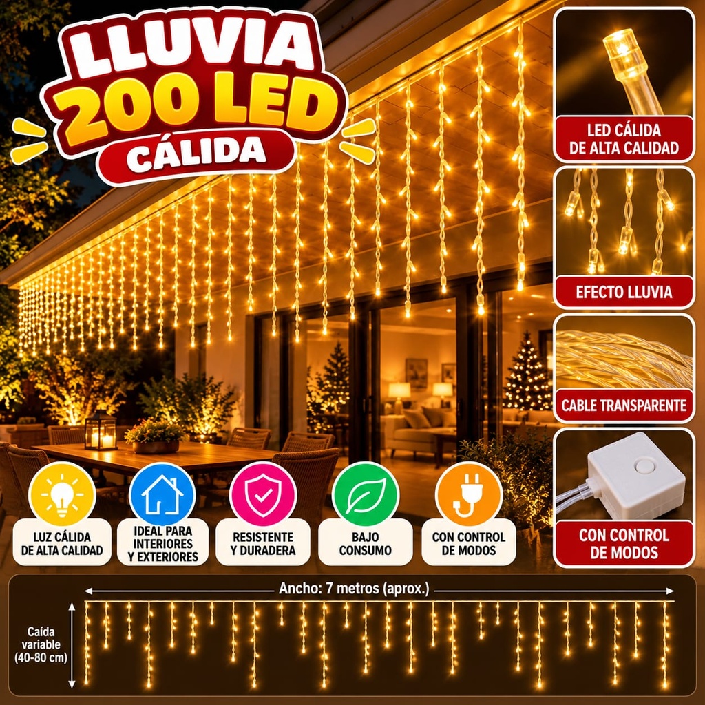 LLUVIA LUCES LED CALIDA X 200 EN CAJA