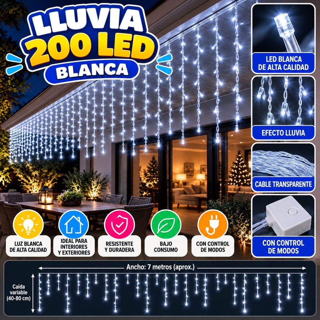 LLUVIA LUCES LED FRIA X 200 EN CAJA