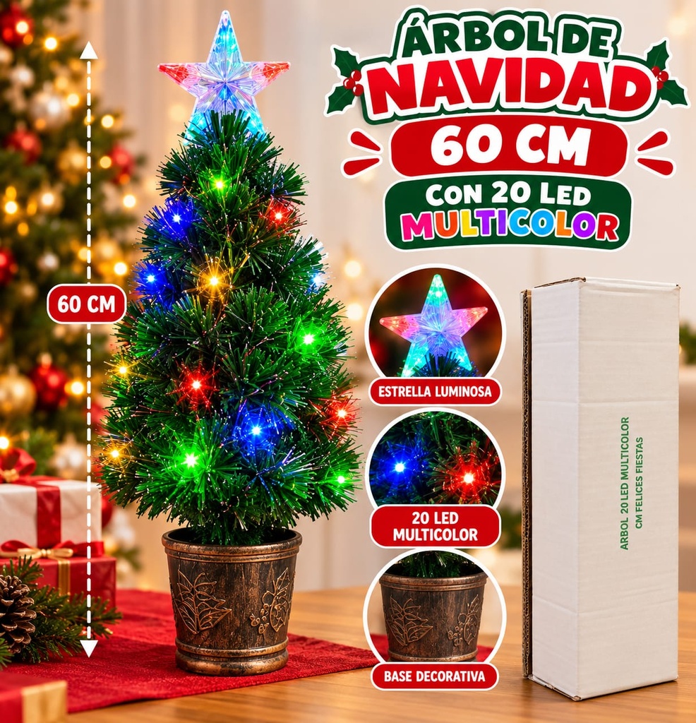ARBOL DE NAVIDAD CHICO 60CM C/ 20 LED MULTICOLOR Y ESTRELLA