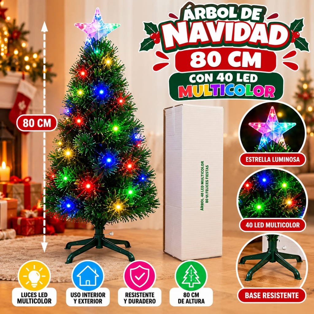 ARBOL DE NAVIDAD MEDIANO 80CM C/ 40 LED MULTICOLOR Y ESTRELLA EN CAJA