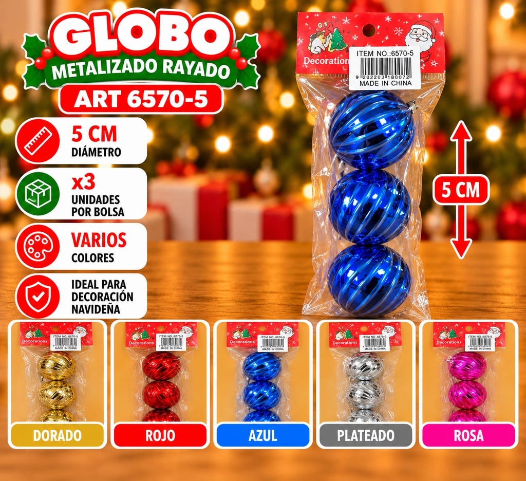 GLOBO METALIZADO C/ RAYAS 3 X 5CM EN BOLSA
