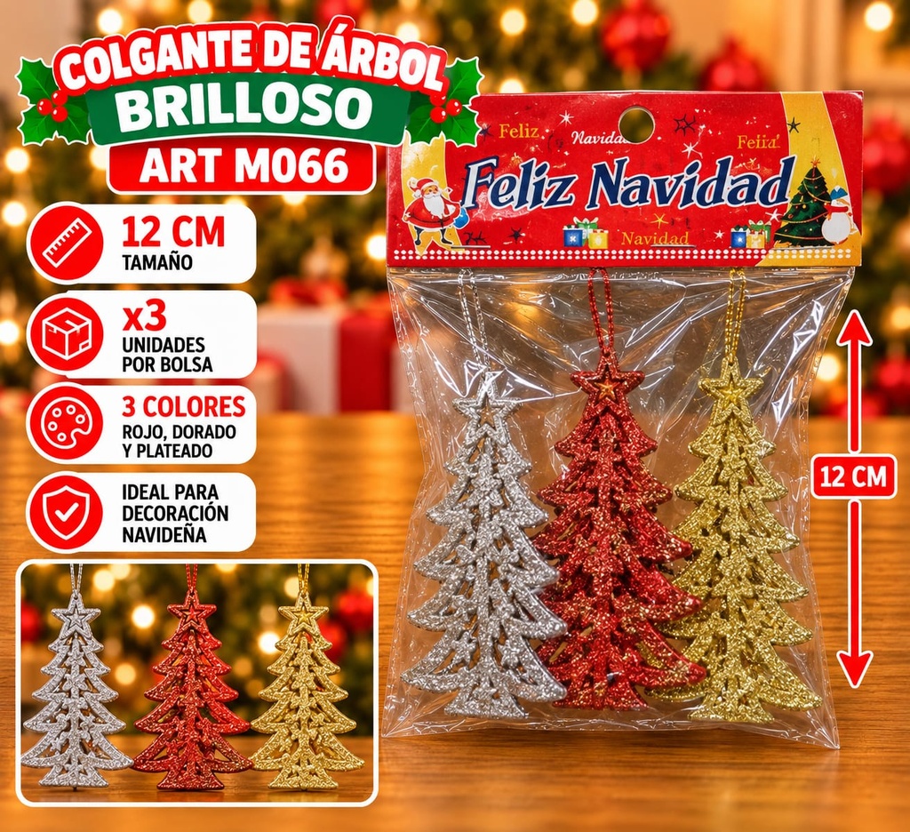 COLGANTE FORMA DE ARBOL BRILLOSO 12CM X 3 EN BOLSA