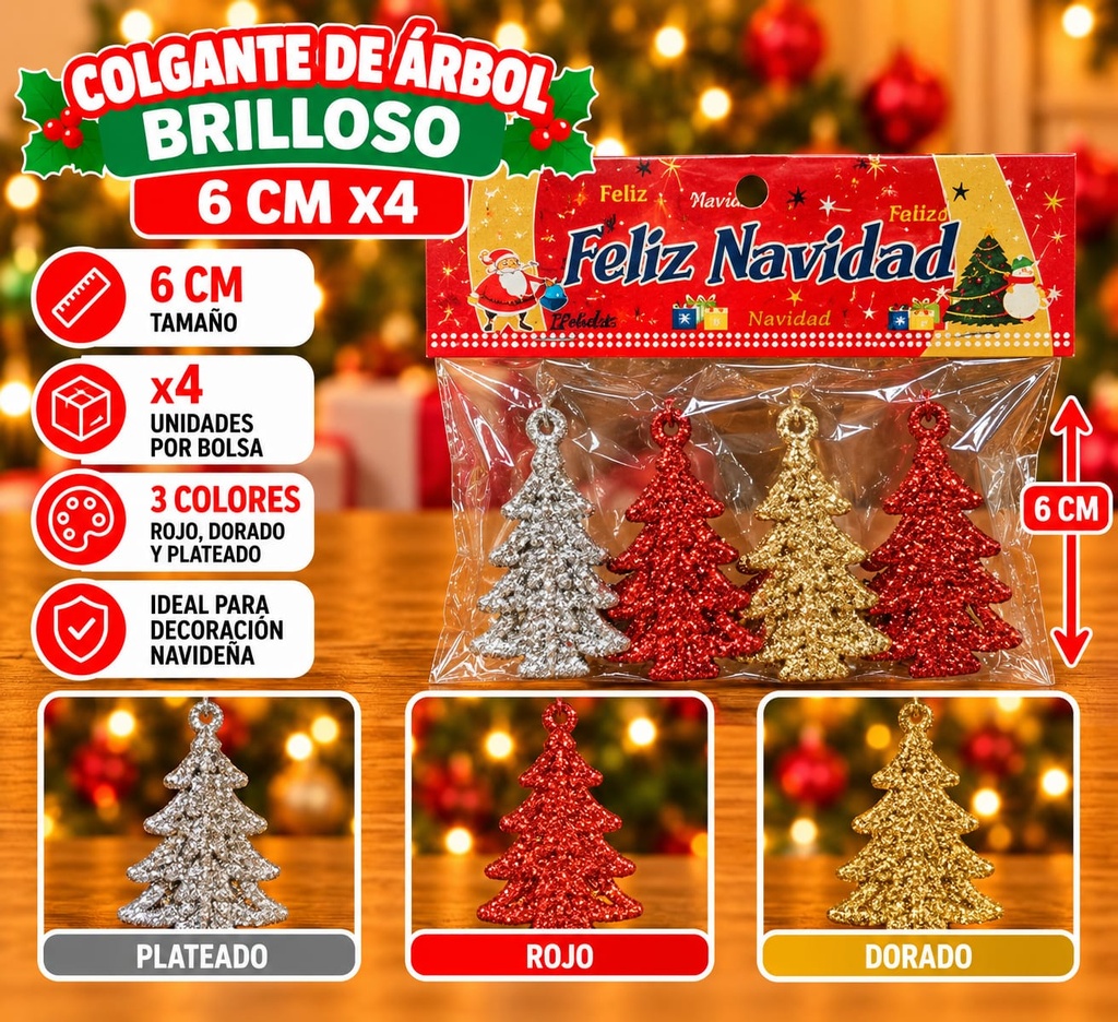 COLGANTE FORMA DE ARBOL BRILLOSO 6CM X4 EN BOLSA