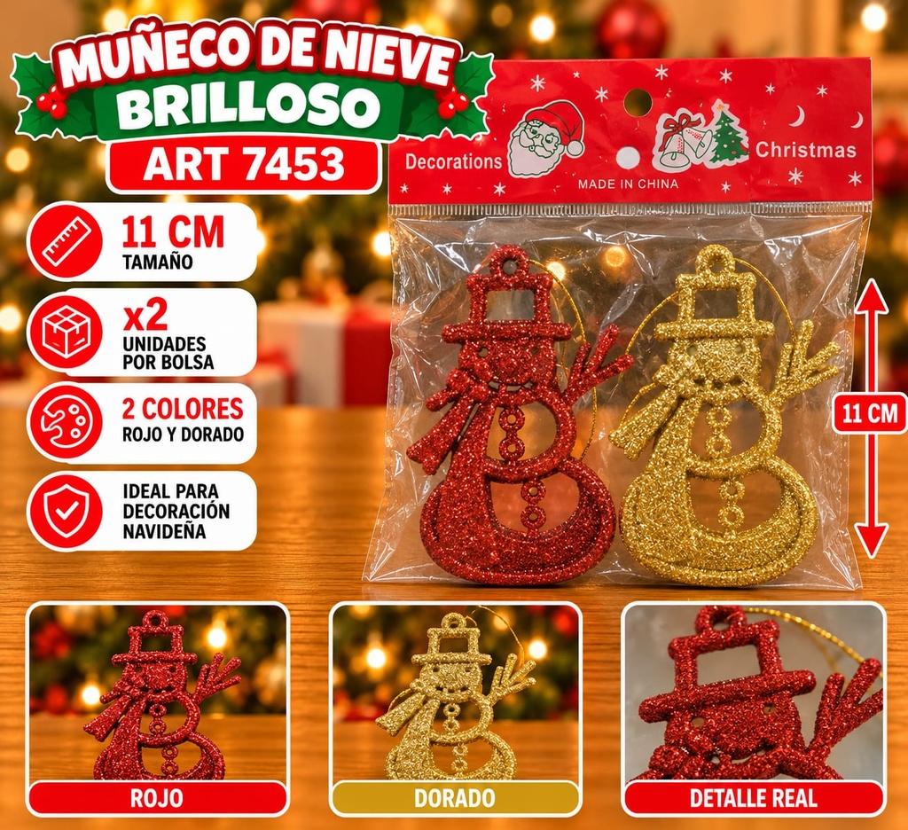 ADORNO COLGANTE MUÑECO DE NIEVE BRILLOSO 11CM X 2 EN BOLSA