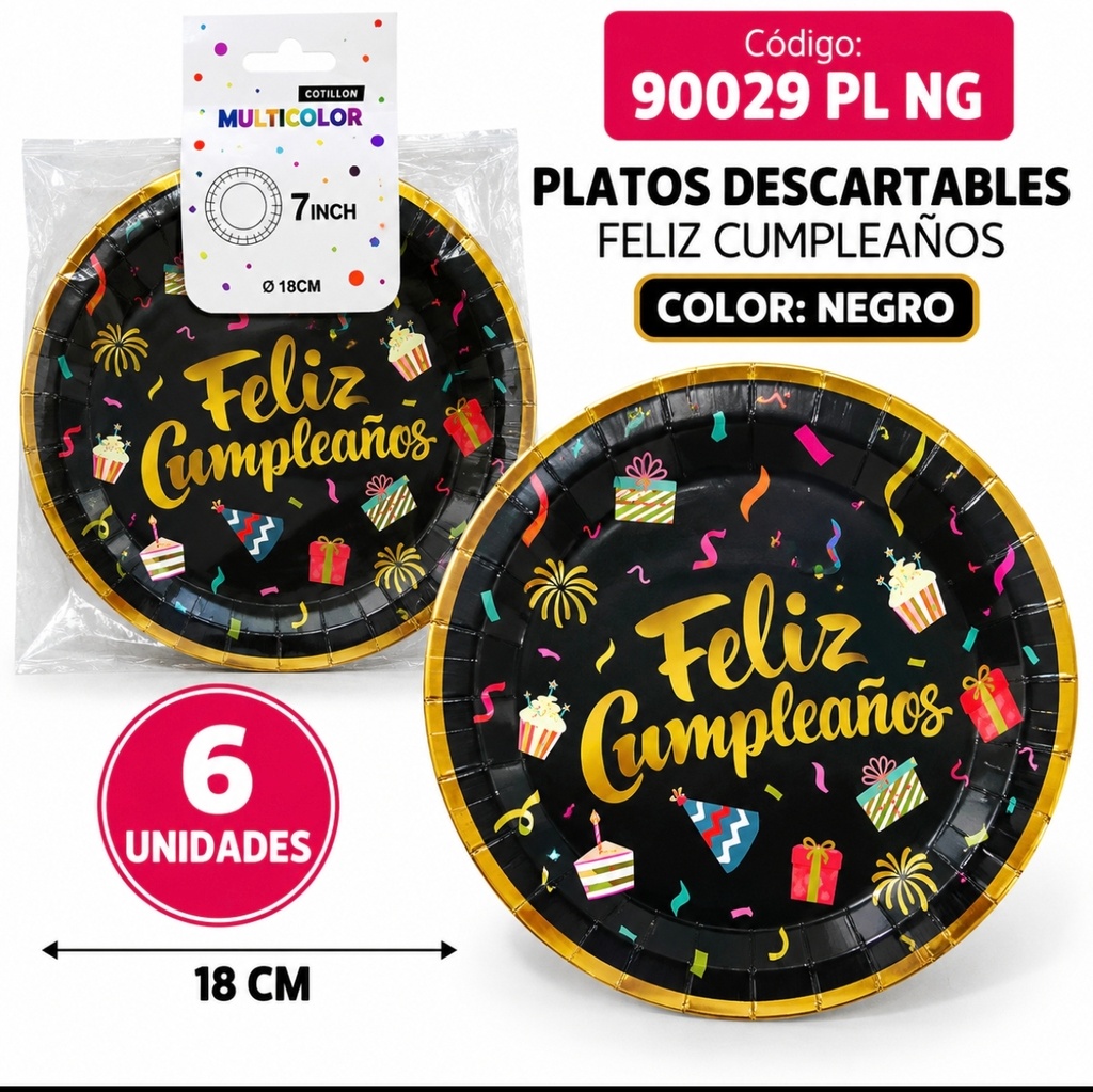 PLATO DESCARTABLE FELIZ CUMPLEAÑOS X 6 COLOR NEGRO 90028 PL NG