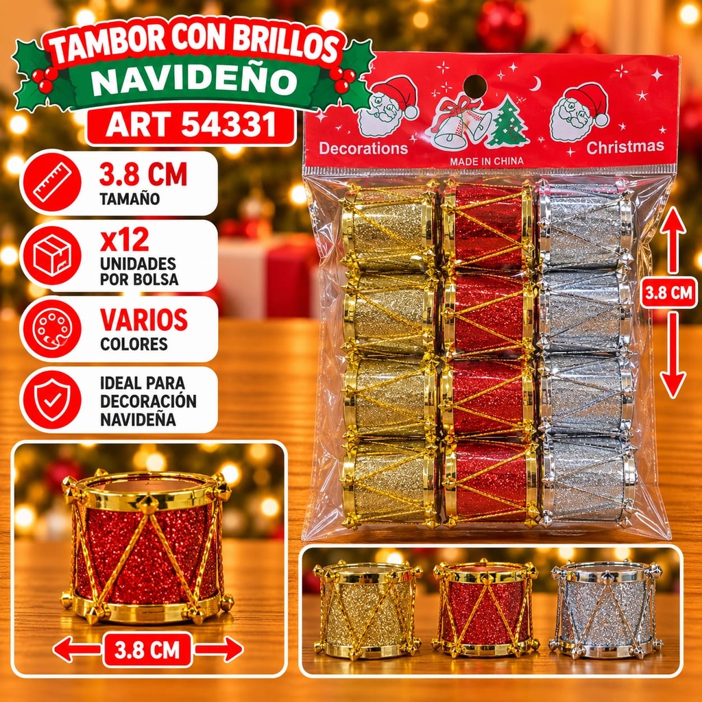 ADORNO COLGANTE TAMBOR CON BRILLOS 3.8CM X 12 EN BOLSA