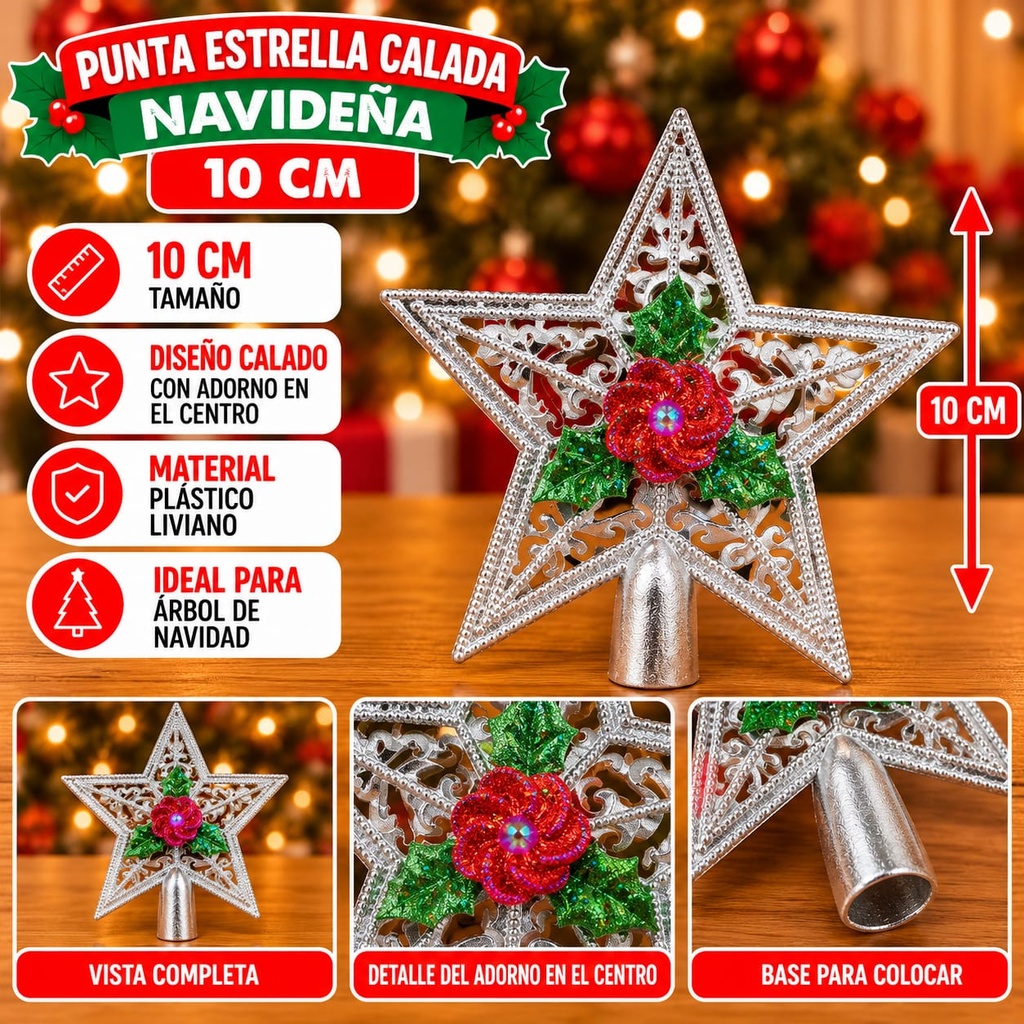 PUNTAL ESTRELLA CALADA CON ADORNO EN EL CENTRO 10CM