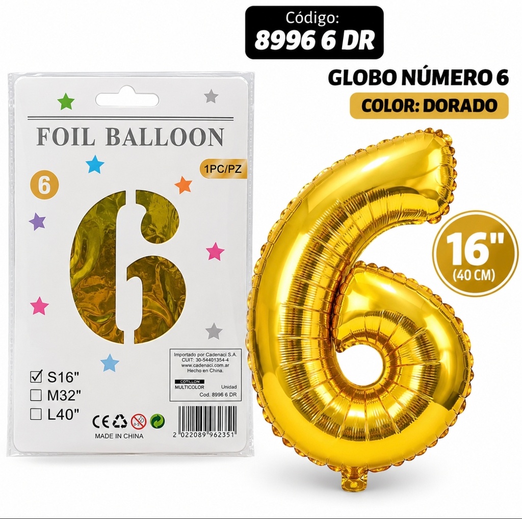 GLOBOS NUMERO 6 DORADO METALIZADO 16" 8996 6 DR