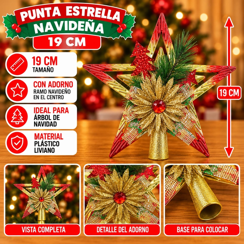 PUNTAL ESTRELLA 19CM CON ADORNOS EN EL CENTRO Y PUNTAS ROJAS