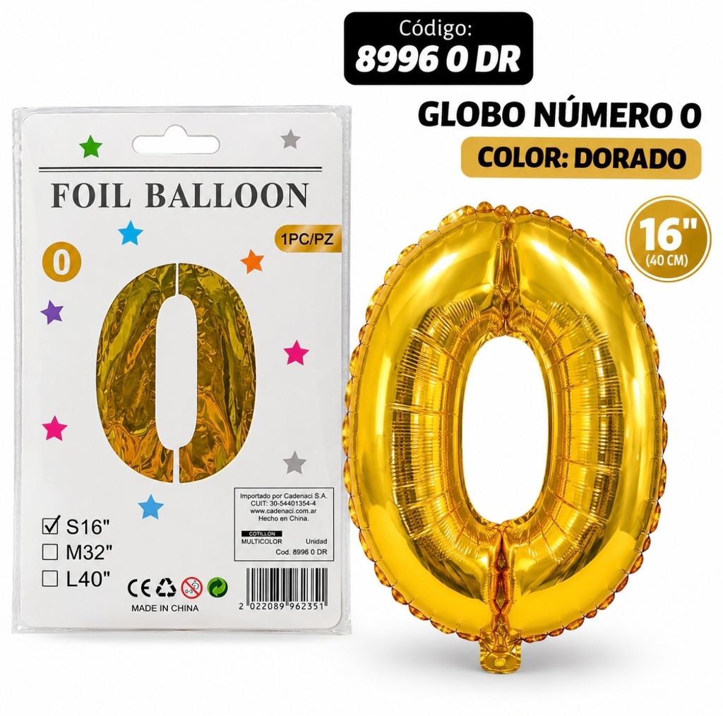 GLOBO NUMERO 0 DORADO METALIZADO 16" 8996 0 DR
