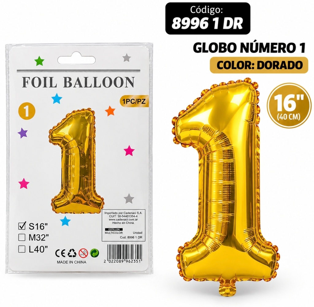 GLOBO NUMERO 1 DORADO METALIZADO 8996 2 DR