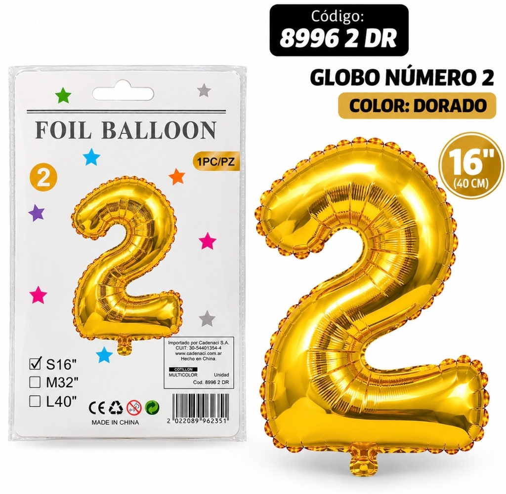 GLOBO NUMERO 2 DORADO METALIZADO 8996 2 DR