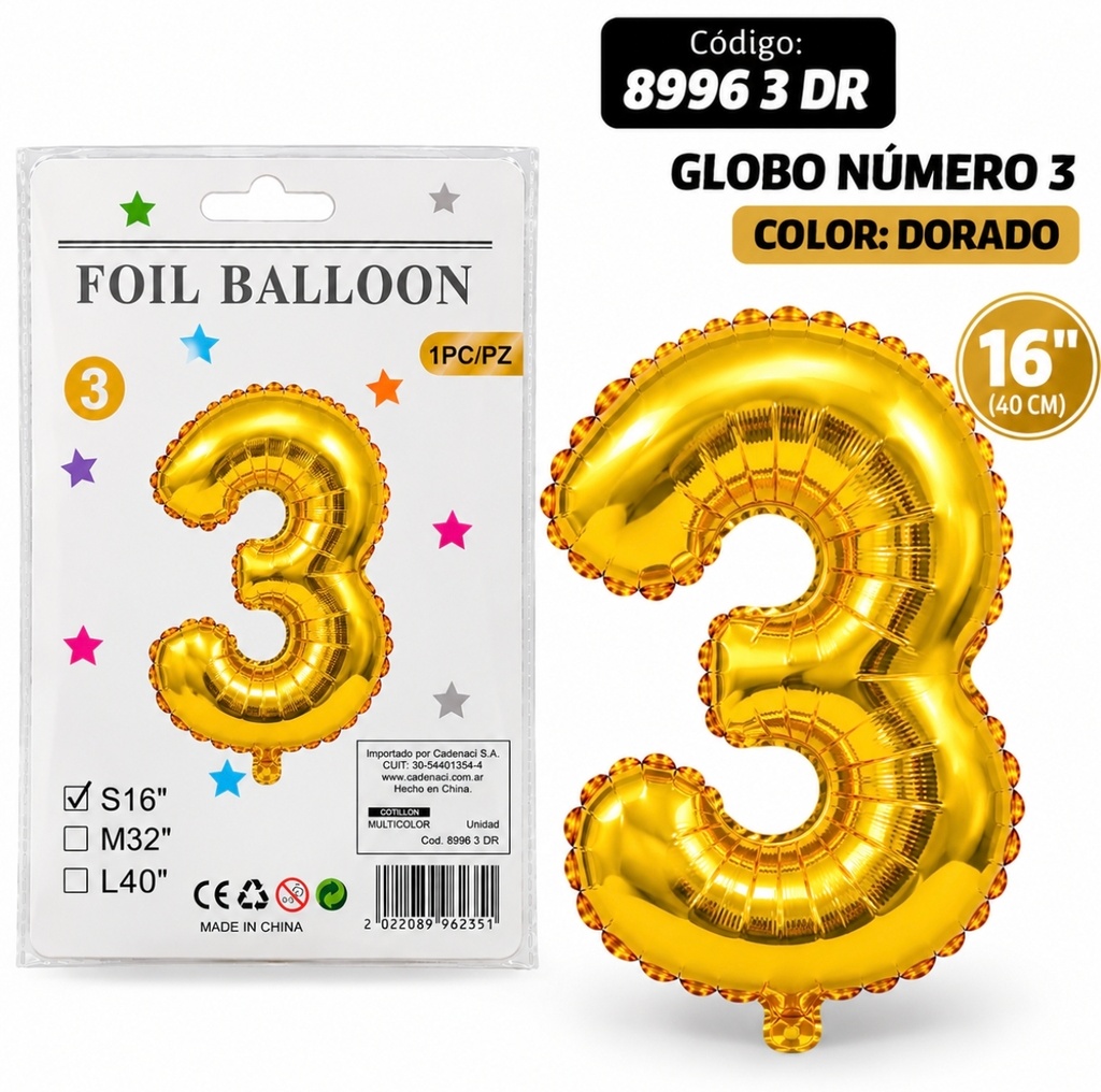GLOBO NUMERO 3 DORADO METALIZADO 8996 3 DR
